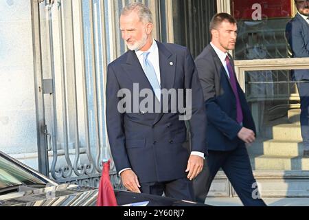 Madrid, Spagna. 23 settembre 2024. Il re spagnolo Felipe vi e la regina Letizia assistono all'apertura della stagione del Teatro reale 2024/2025 a Madrid lunedì 23 settembre 2024. Crediti: CORDON PRESS/Alamy Live News Foto Stock