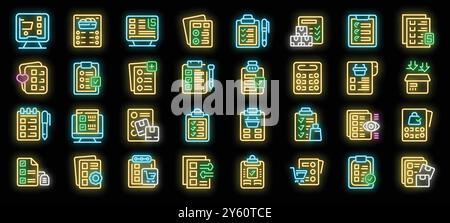 Serie di icone di luci al neon della lista di controllo, della pianificazione, dell'elenco delle attività, della lista dei desideri. Pacchetto di elenco acquisti, attività, documento, accordo, contratto, topografia, esame, quiz, modulo di applicazione simboli lineari Illustrazione Vettoriale