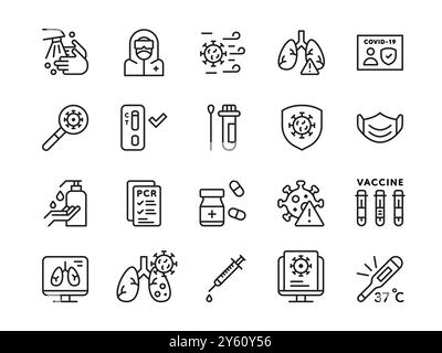 Icone virus corona. Assistenza sanitaria al coronavirus. Maschera medica. Lavare le mani con igienizzatore. Sintomi di temperatura della malattia virale. Siringa per vaccino. Pillole di medicina. Diagnostica polmonare. Set di simboli della linea vettoriale Illustrazione Vettoriale