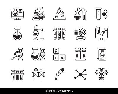 Icone chimiche. Laboratorio chimico. Ricerca scientifica. Provetta per analisi di laboratorio. Attrezzature scientifiche come becher e beute di vetro. microscopio. Simbolo del DNA. Cromosomi genomici diagnostici. Set di pittogrammi vettoriali Illustrazione Vettoriale