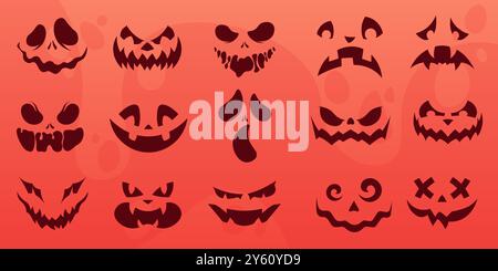 La faccia di Halloween. Jack Ghost Pumpkin Eye, spaventoso sorriso malvagio. La bocca del mostro horror e le sagome del diavolo, carine e spaventose, arrabbiate. Elementi isolati dal design vettoriale per le feste autunnali Illustrazione Vettoriale