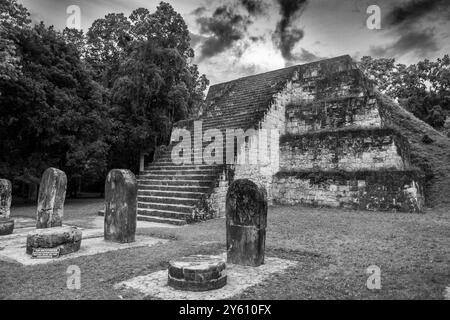 Foto in bianco e nero di un'antica piramide maya con incisioni in pietra in un ambiente lussureggiante della foresta. Foto Stock