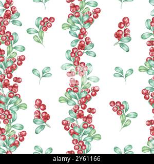 Bacche rosse e foglie verdi allineate verticalmente in un design senza cuciture. Questo motivo acquerello al mirtillo può essere utilizzato per inviti alle festività, carta da imballaggio o imballaggi di prodotti Foto Stock