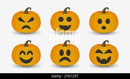 Zucche di Halloween con emozioni diverse. Set di icone vettoriali. EPS10 Illustrazione Vettoriale