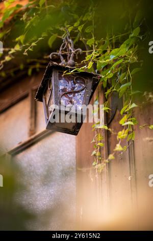 Lanterna sporca di fronte a un ingresso coperto di una vecchia casa Foto Stock