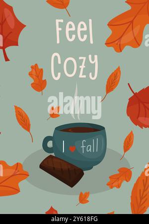 Intimi articoli autunnali. Tazza di cacao con cioccolato su sfondo blu con foglie d'autunno arancioni e l'iscrizione è accogliente. Illustrazione vettoriale Illustrazione Vettoriale