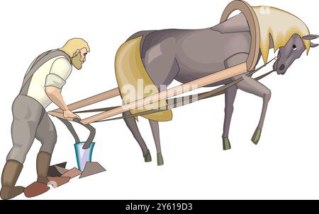 Campo di aratura astratto dell'agricoltore con un'illustrazione vettoriale a cavallo isolata Illustrazione Vettoriale