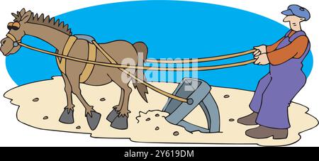 Campo di aratura astratto dell'agricoltore con un'illustrazione vettoriale a cavallo isolata Illustrazione Vettoriale