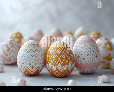 Questo rendering in 3D presenta uova di Pasqua color pastello con design semplici ma artistici, perfetto per festeggiare le feste primaverili e festive. Foto Stock