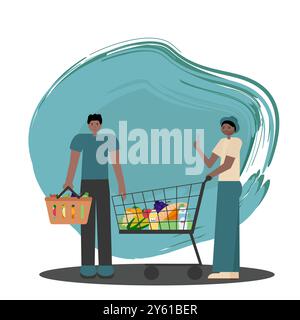 Una coppia gay nera che fa shopping. Appartamento vettoriale di due uomini afroamericani, uno che tiene il cestino della spesa e l'altro che spinge il carrello. Per progetti a tema lgbtq, retail Illustrazione Vettoriale