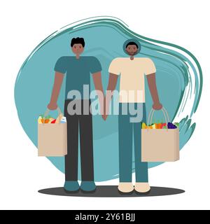 Una coppia gay nera che fa shopping. Illustrazione vettoriale piatta di due uomini afroamericani che tengono sacchetti di carta per la spesa. Per progetti a tema lgbtq, diversità Illustrazione Vettoriale