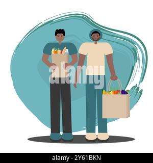Coppia gay nera che fa acquisti di generi alimentari. Illustrazione vettoriale piatta di due uomini afroamericani che tengono sacchi di carta con il cibo. Per l'uso in lgbtq incluso Illustrazione Vettoriale