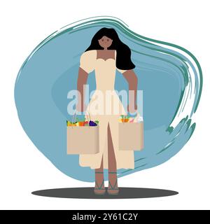 Donna nera che fa shopping. Immagine in stile piatto vettoriale raffigurante una donna afroamericana in un abito leggero che tiene in mano sacchi di carta pieni di generi alimentari Illustrazione Vettoriale