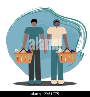 Una coppia gay nera che fa shopping. Immagine piatta vettoriale di due uomini afroamericani che tengono cesti arancioni pieni di cibo. Per l'uso in ambienti incentrati sulla diversità Illustrazione Vettoriale