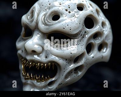 Esplora questa accattivante maschera fantasma giapponese 3D con un tocco terrificante, che mostra dettagli intricati e un design unico che evoca paura e fascino Foto Stock