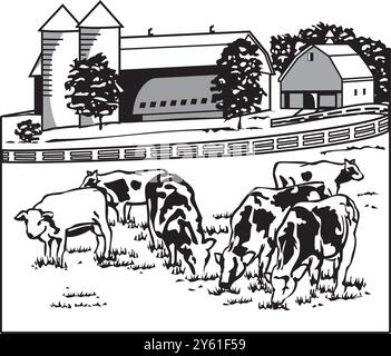 Mucche che che pascolano nel campo sullo sfondo dell'illustrazione disegnata a mano dell'azienda agricola Illustrazione Vettoriale
