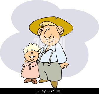 Contadino di cartoni animati accanto a sua figlia nell'illustrazione del disegno del vettore dell'azienda agricola Illustrazione Vettoriale