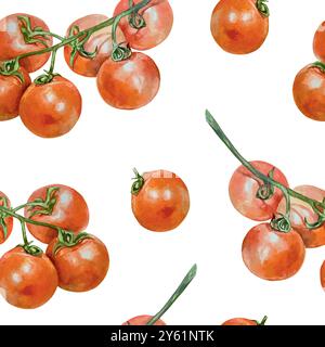 Pomodori con motivo ad acquerello senza cuciture. Illustrazione vettoriale disegnata a mano di verdure su sfondo bianco. Per l'imballaggio di carta, tessuto, etichette, tessuti Illustrazione Vettoriale