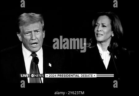Uno screenshot televisivo del 10 settembre 2024, il dibattito presidenziale tra Donald Trump e Kamala Harris è stato trasmesso in diretta su ABC-TV. Foto Stock