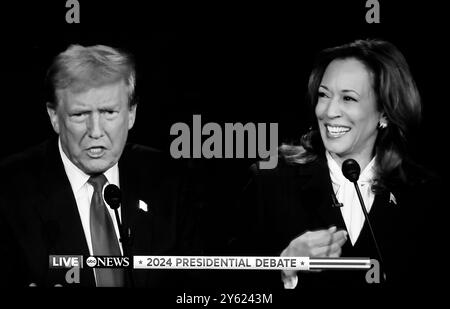 Uno screenshot televisivo del 10 settembre 2024, il dibattito presidenziale tra Donald Trump e Kamala Harris è stato trasmesso in diretta su ABC-TV. Foto Stock