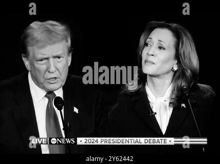 Uno screenshot televisivo del 10 settembre 2024, il dibattito presidenziale tra Donald Trump e Kamala Harris è stato trasmesso in diretta su ABC-TV. Foto Stock