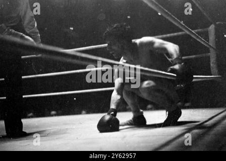 La lotta per il campionato europeo dei pesi bantam si è svolta all'Albert Hall di Londra, quando Jackie Paterson, di Glasgow (8°, 5 1/2 libbre) ha incontrato Theo Medina di Parigi (8°, 5 libbre, 13 oz). La foto mostra Paterson a terra per uno dei suoi tre conti di nove. 19 marzo 1946 Foto Stock