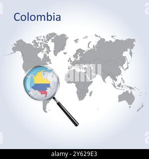 Mappa ingrandita e bandiera della Colombia, mappe di allargamento della Colombia, arte vettoriale Illustrazione Vettoriale