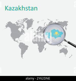 Mappa e bandiera ingrandite del Kazakistan, mappe di ingrandimento del Kazakistan, arte vettoriale Illustrazione Vettoriale