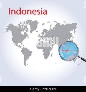 Mappa ingrandita e bandiera dell'Indonesia, mappe di ingrandimento dell'Indonesia, arte vettoriale Illustrazione Vettoriale