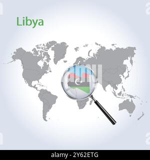 Libia Magnified Map and Flag, Libia Ingrandisci Maps, Vector Art Illustrazione Vettoriale