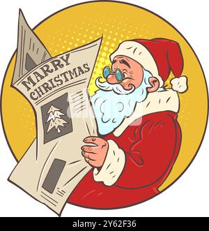 Babbo Natale legge un giornale. Novità di Capodanno sulla prossima vacanza. Riepilogo dell'ultimo anno. Illustrazione Vettoriale