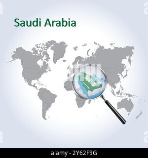 Mappa e bandiera dell'Arabia Saudita ingrandite, mappe di ingrandimento dell'Arabia Saudita, arte vettoriale Illustrazione Vettoriale