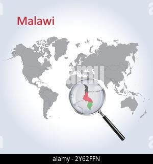 Mappa ingrandita e bandiera del Malawi, mappe di ingrandimento del Malawi, arte vettoriale Illustrazione Vettoriale