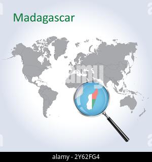 Mappa ingrandita e bandiera del Madagascar, mappe di ingrandimento del Madagascar, arte vettoriale Illustrazione Vettoriale