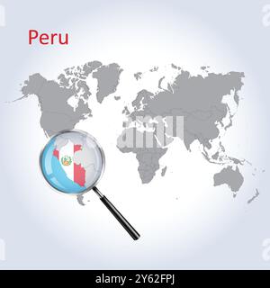 Mappa ingrandita e bandiera del Perù, mappe di ingrandimento del Perù, arte vettoriale Illustrazione Vettoriale