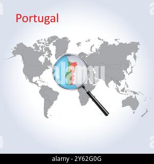 Mappa ingrandita e bandiera del Portogallo, mappe di ingrandimento del Portogallo, arte vettoriale Illustrazione Vettoriale