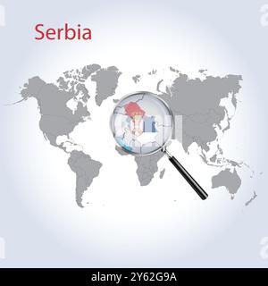 Mappa e bandiera ingrandite della Serbia, mappe di allargamento della Serbia, arte vettoriale Illustrazione Vettoriale