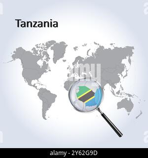 Mappa ingrandita e bandiera della Tanzania, mappe di ingrandimento della Tanzania, arte vettoriale Illustrazione Vettoriale