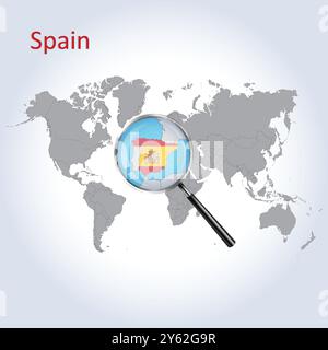 Mappa ingrandita e bandiera della Spagna, mappe di allargamento della Spagna, arte vettoriale Illustrazione Vettoriale