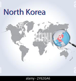 Mappa ingrandita e bandiera della Corea del Nord, mappe di allargamento della Corea del Nord Illustrazione Vettoriale