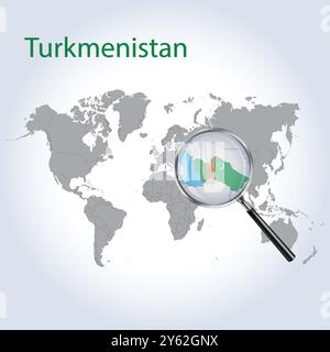 Mappa e bandiera ingrandita del Turkmenistan, mappe di allargamento del Turkmenistan, arte vettoriale Illustrazione Vettoriale