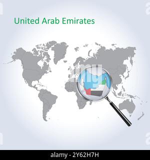 Mappa ingrandita e bandiera degli Emirati Arabi Uniti, mappe di allargamento degli Emirati Arabi Uniti, arte vettoriale Illustrazione Vettoriale