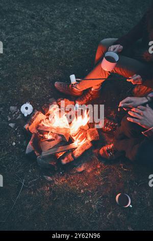 Sembra delizioso. Vista ravvicinata dall'alto di giovani coppie che arrostiscono marshmallow su un falò mentre campeggiano in montagna Foto Stock