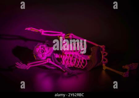 Spaventosa figura scheletrica illuminata da un'inquietante luce viola, distesa a terra come parte delle decorazioni di Halloween. Svezia. Foto Stock