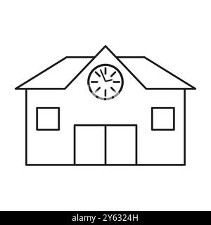 Icona dell'edificio scolastico. Orologio sulla facciata della scuola. Simbolo della struttura educativa. Disegno del contorno nero. Illustrazione Vettoriale
