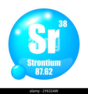 Icona dello stronzio. Elemento chimico SR. Numero atomico 38. Massa 87.62. Sfera blu. Illustrazione Vettoriale