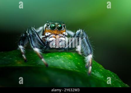 Il vibrante ragno che salta con grandi occhi verdi riposa tranquillamente su una lussureggiante foglia verde nel suo habitat naturale, mostrando dettagli intricati primi piani e aggiungere Foto Stock