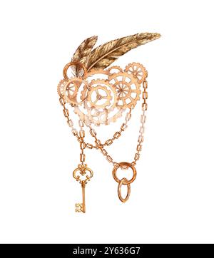 Ingranaggi catena, chiave, piume composizione meccanica in stile steampunk, dadi, illustrazione acquerello. Souvenir in metallo in stile techno. Ideale per schede, Foto Stock