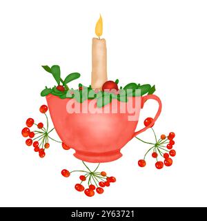 Tazza con frutti di bosco e foglie di petto con candela accesa con pennarelli digitali in stile acquerello illustrazione di colore natalizio per stampa e Web Foto Stock