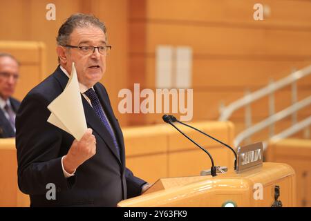 Madrid, 04/09/2024. Presenza della prima Vicepresidente del governo e Ministro delle Finanze, María Jesús Montero Cuadrado, davanti alla sessione plenaria del Senato, per riferire sul secessionismo fiscale che ha concordato con i suoi partner bilateralmente ed al di fuori del sistema di finanziamento delle comunità autonome del regime comune. Foto: Jaime García. ARCHDC. Crediti: Album / Archivo ABC / Jaime García Foto Stock